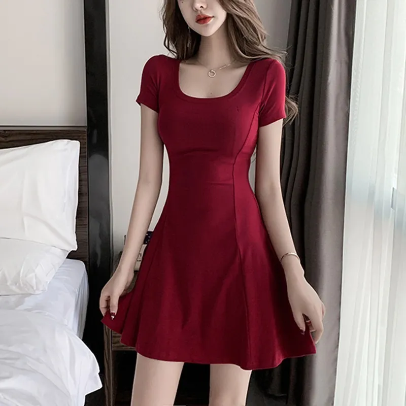 Vestidos casuales b sicos Verano Una l nea Vestidos rojos negros Moda Casual Manga corta Vestido sexy Ropa de mujer Coreano Elegante Vestido corto de