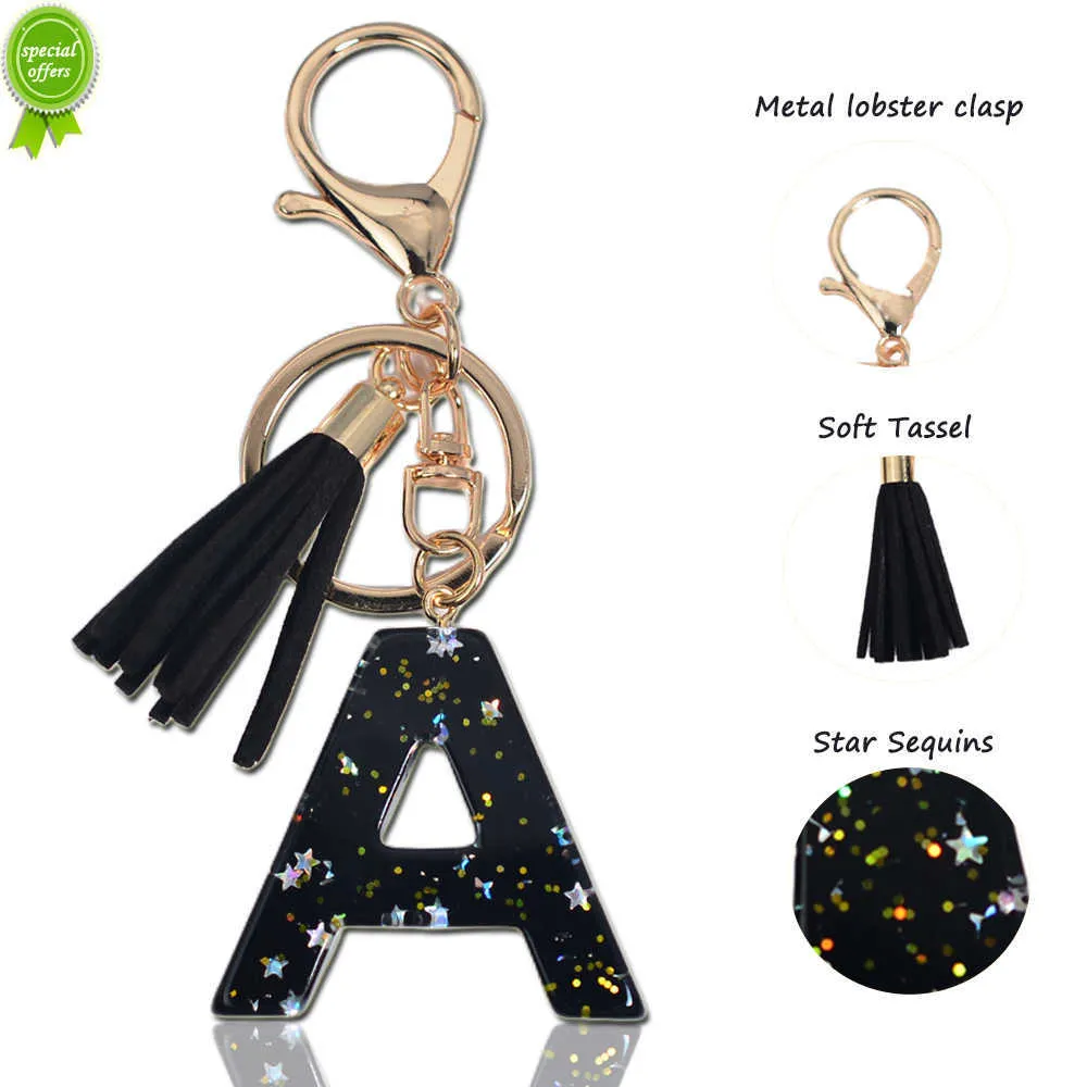 Nowe litery A-Z Black Tassel Blak Blak Glitter Star Sequins Inicjały Blucz Kluczowy Klucz Uchwyt Akcesorium Kobiet Torebki Charki