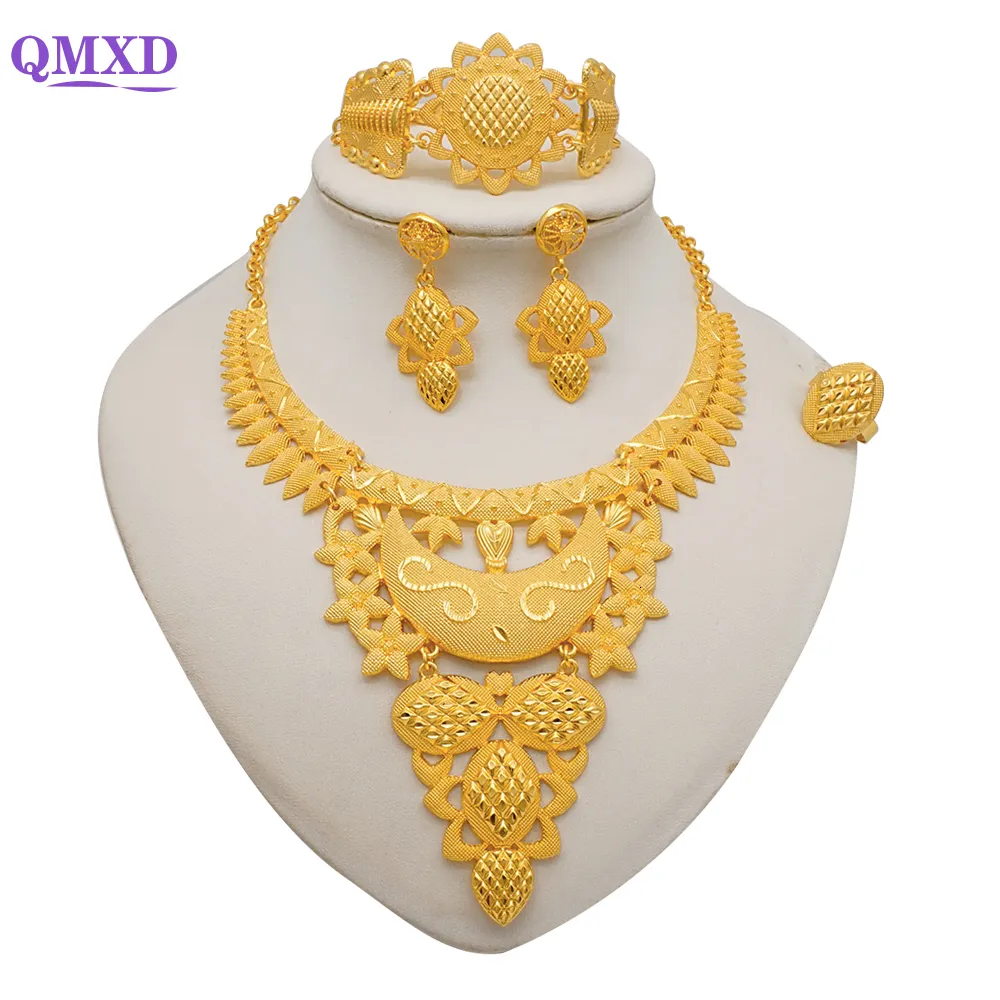 Wedding Jewelry Sets Dubai Gold Color Jewelry Sets For Women Indian Earring Necklace Nigeria Moroccan Bridal Wedding Party Gifts 230518