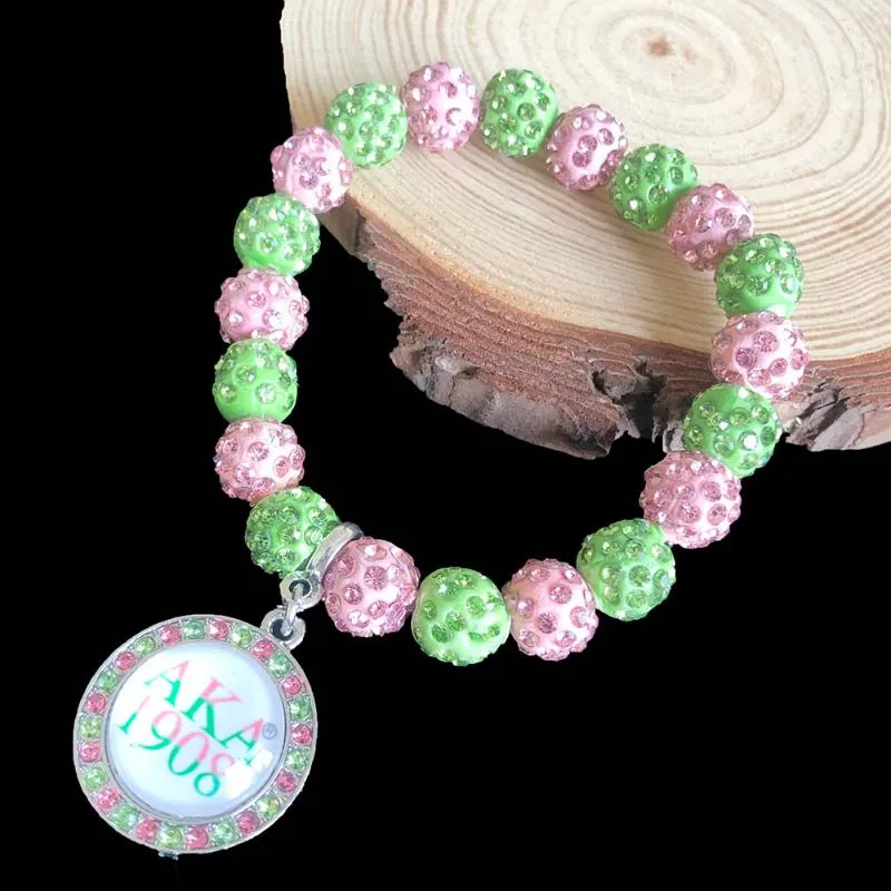Strand Beaded Strands Handmade Greek Sorority Elastic Line Green Pink Disco Ball Letter 1908 Charm Bracelet Women Jewelry