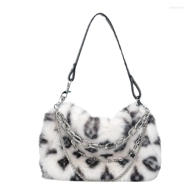 Kvällspåsar jiaerdi leopard tryck plysch handväskor kvinnor kedja päls lyxig design y2k axelväska damer casual harajuku estetic bolso