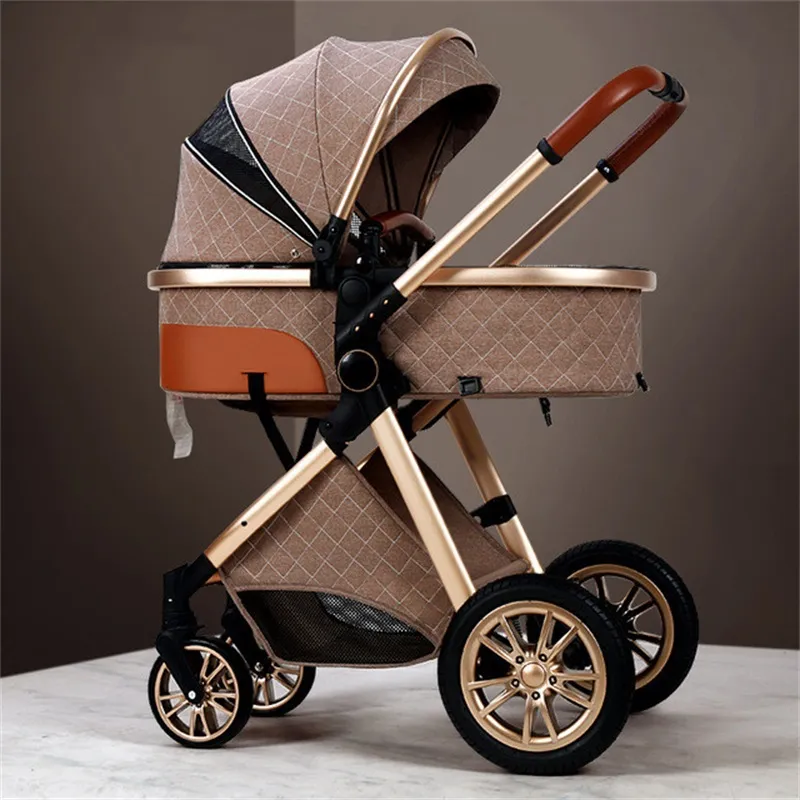 Outdoor-Street-Mutter-Kinderwagen, tragbar, entspannte Kinderwagen, schwarz-braunes Legierungsgestell, liegender Babywagen, 3-in-1, hohe Landschaft, Baumwolle, BA01 C23