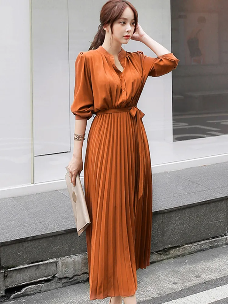 Basic Casual Dresses Autumn Long Sleeve Pleated Dress Women Elegant Midi Dress Office Ladies Vintage Dresses with Belt High Waisted High Quality 230518