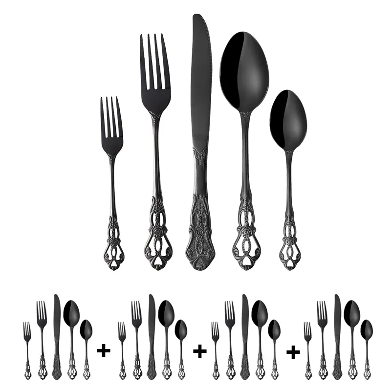 Servis uppsättningar Royal Type 20st High Quality Table Set Rostfritt stål Flatvarutavskikt Black Spoon Fork Knife Conderware Silverware 230518