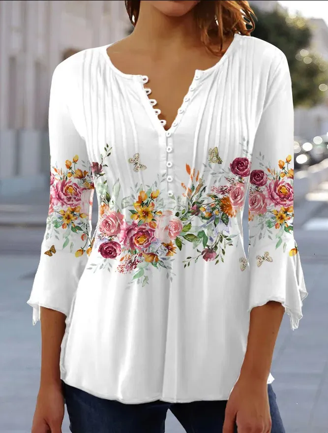 Blouses shirts shirts van dames shirt blouse lichtblauw wit roze bloemenknop print 3/4 lengte mouw casual vakantie Basis Ronde nek Regelmatig 230518