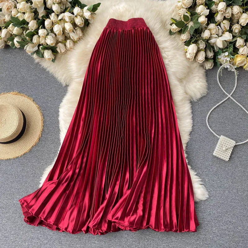 Skirts Croysier High Waist Long Skirts Womens Maxi Pleated Skirt Women Clothing Elegant Office Lady Fashion Metallic Satin Skirt 230214