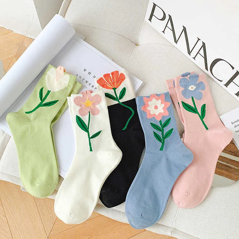 Meias Hosiery New Hot 2023 Floral Woman Meia -meias coreanas Harajuku Vintage Tulip Socks Ladies Sweet Girls Garotas fofas de algodão Longo P230517