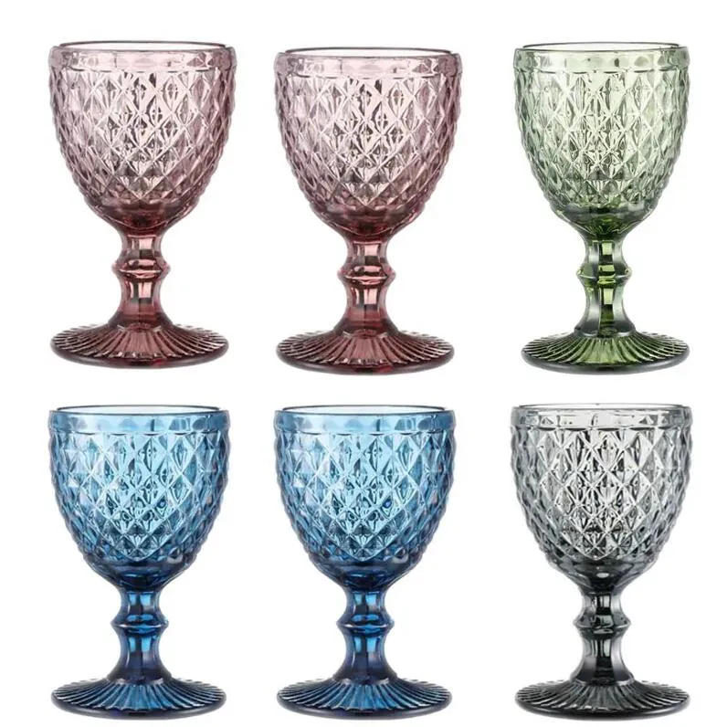 Europese stijl reliëf 10oz wijnglas gebrandschilderd glazen biergoblet vintage wijnglazen huishoudelijke sap drinkbeker verdikt 48 stks/doos fy5509 0518