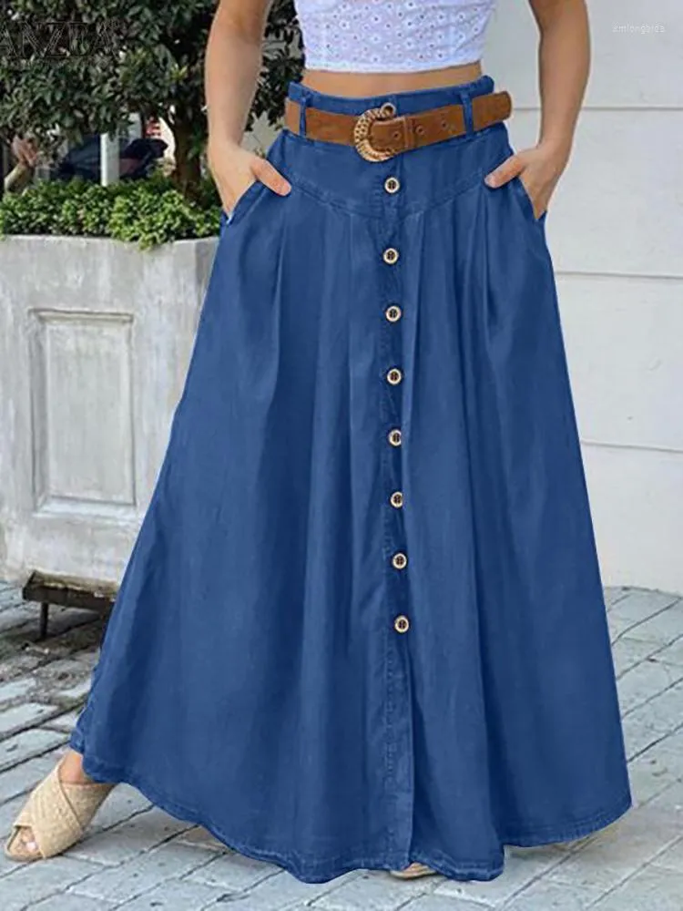 Skirts Fitshinling Buttons Up Pleated Maxi For Women Fashion Slim A-Line Long Skirt Female Clothing 2023 Saias Femme