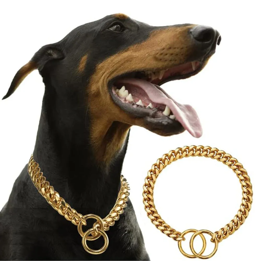 Hundhalsar Leases 18K Gold Chain Dog Collar 10mm Cuban Link Chain Rostfritt stål Metall Länkar Walking Training Collar för små medelstora hundar 230518