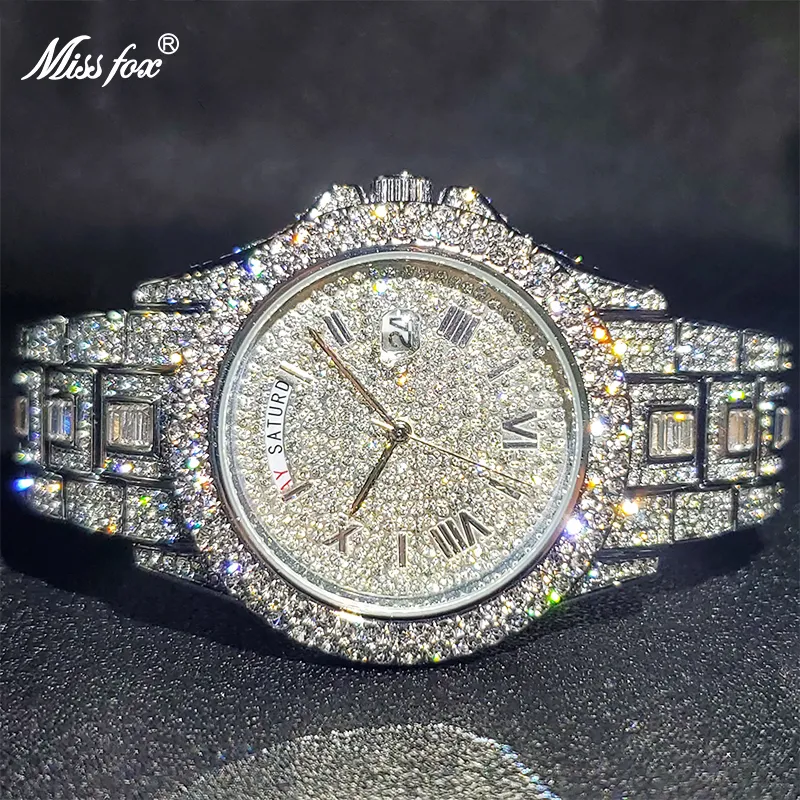 Zegarstka Relogio Masculino Luxury Missfox Ice Out Diamond Watch Day Day Day Dain Data Kalendarz zegarki dla mężczyzn DRO 230518