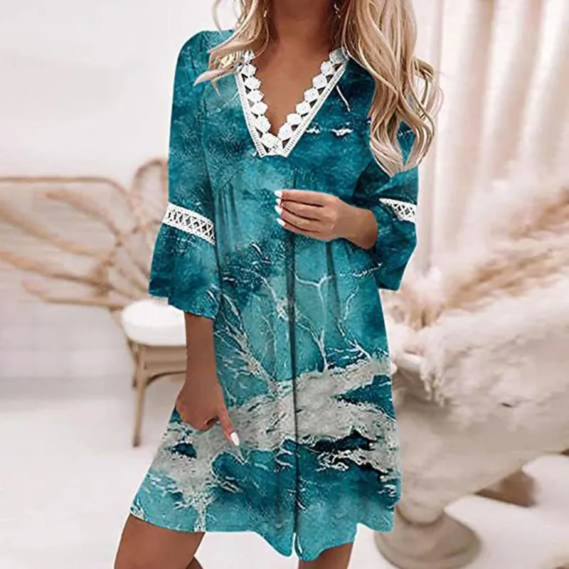 Jurk Dames Boho Bloemenprint Jurken Zomer Kant Uitgesneden 3/4 Mouw Casual Jurk Vrouwelijke Losse Vintage Feestjurken vestidos