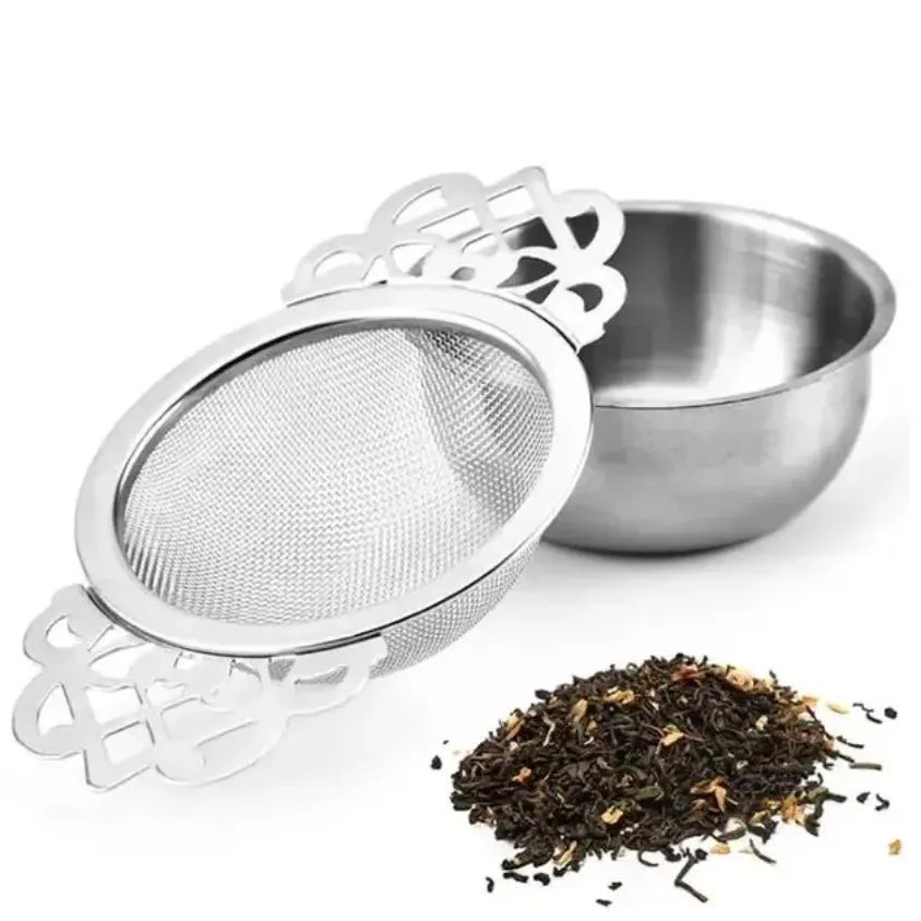 Stainless Steel Tea Strainer Tea Filter with Bottom Cup Double Handle Bulk Spice Filter Reusable Tea Strainer Teapot Accessories