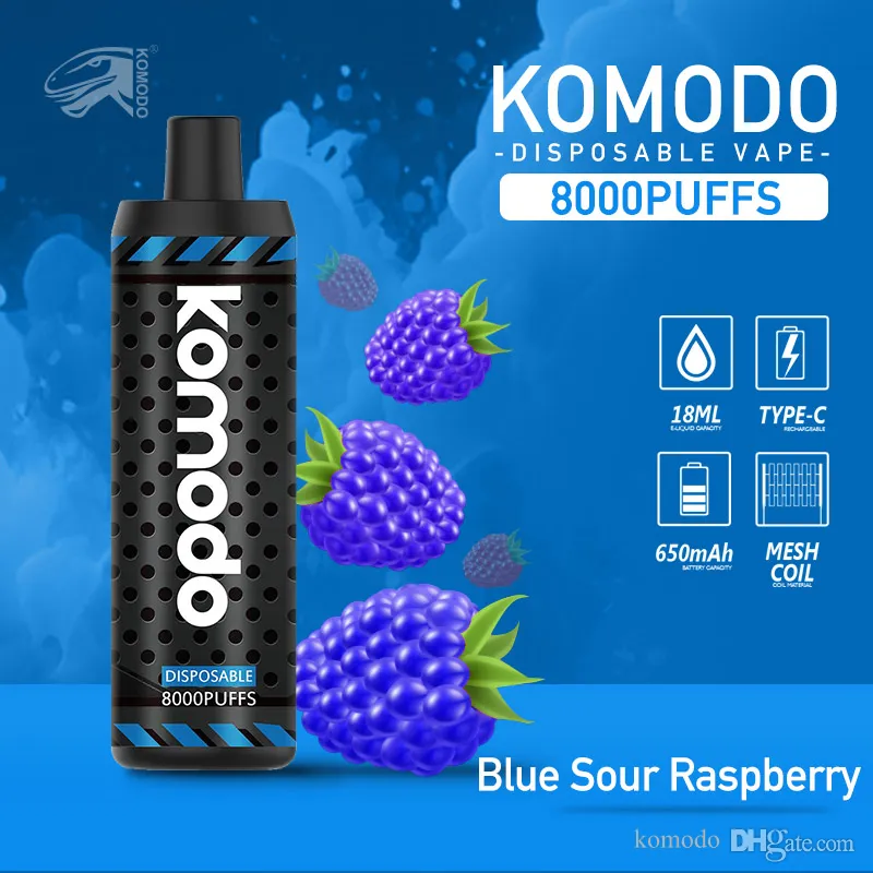 8k 퍼프 코모도 일회용 vape 메쉬 코일 e 담배 펜 650mAh 충전식 배터리 18ml 미리 채워진 포드