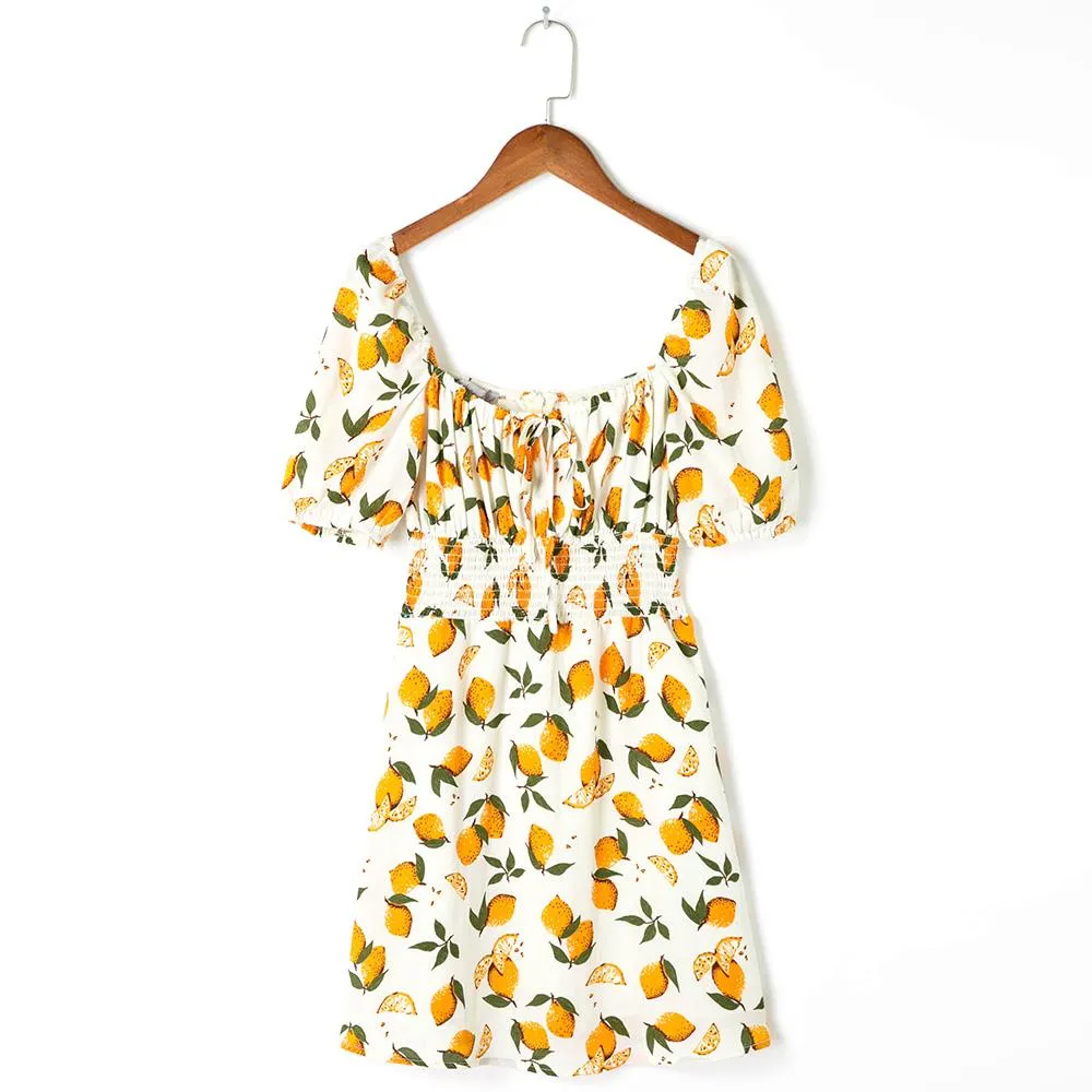 Dresses Dresses For Women 2021 Lemon Print Beach Summer Dress Square Neck Tie Short Puff Sleeve Smocking Elastic Waist Casual Mini Dress