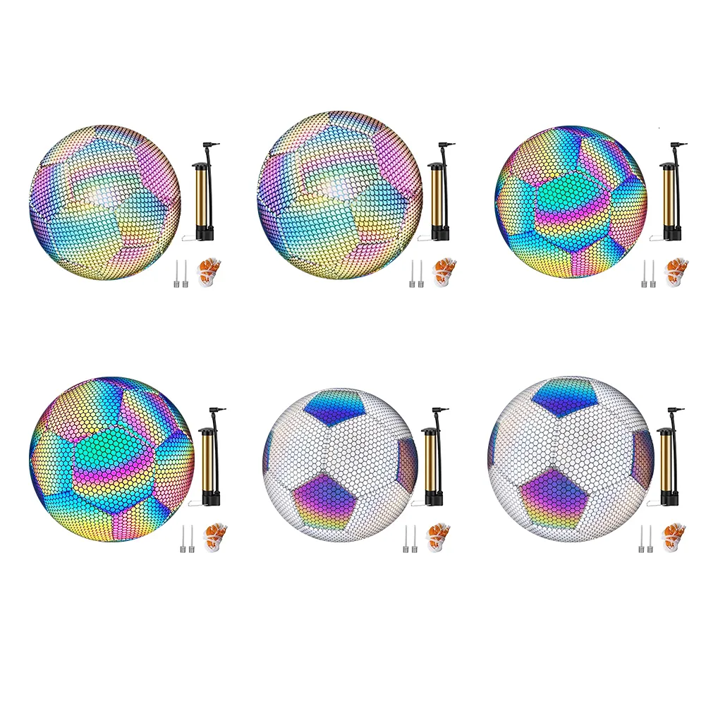 Guanti sportivi Taglia 45 Holographics Pallone da calcio riflettente Gioco notturno Calcio luminoso con gonfiatore Elasticità Accessori per allenamento di calcio 230518