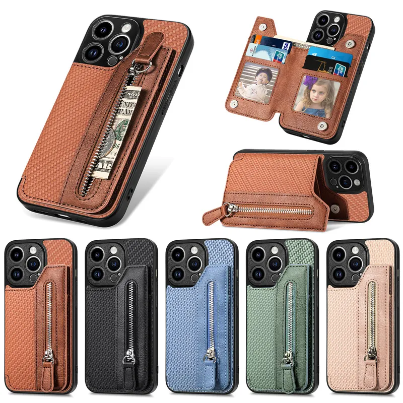 Fermeture Éclair Cadre Photo Béquille Téléphone étui pour iphone 14 Plus 13 Pro Max 12 Mini 11 Pro XS Max XR 7 8 6S Plus XR Coque En Fiber De Carbone