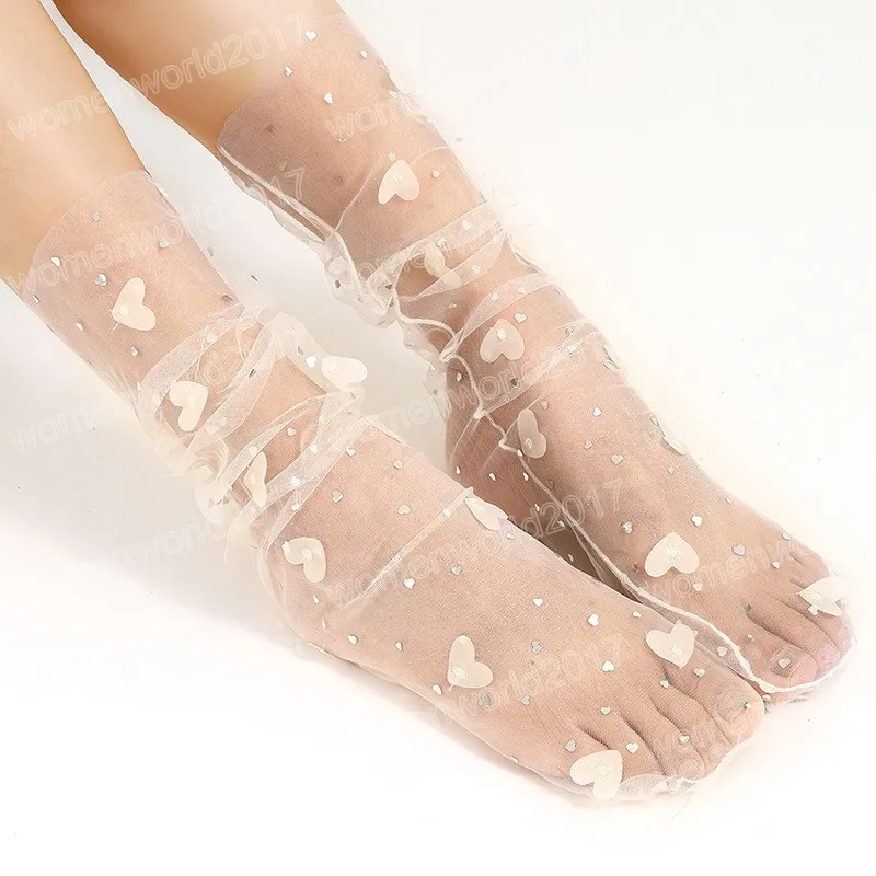 Calcetines de encaje Floral para mujer, de tul, Primavera Verano, malla fina transparente, calcetines bordados de tubo medio, Calcetines de moda de gasa, Calcetines