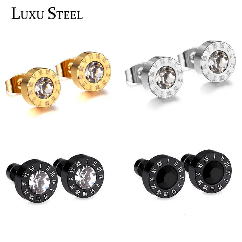 Stud Luxusteel rostfritt stål akrylkristall studörhängen för kvinnor män punk romerskt nummer klara svart cz bling mode öron smycken z0517