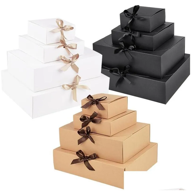 Emballage Cadeau 1 Pc Blanc Brun Noir Boîte De Bonbons Décoration À La Main Emballage En Papier Kraft Avec Ruban Arc Fête D'anniversaire Fournitures Dhxms