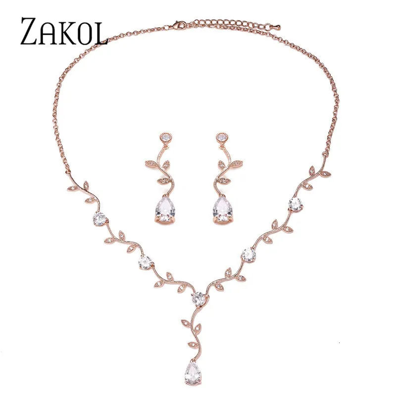 Bruiloft sieraden sets Zakol Classic Rose Gold Color Cubic Zirconia Crystal Bridal Sieraden Sets bladvorm Choker oorbellen trouwjurk voor vrouwen 230518