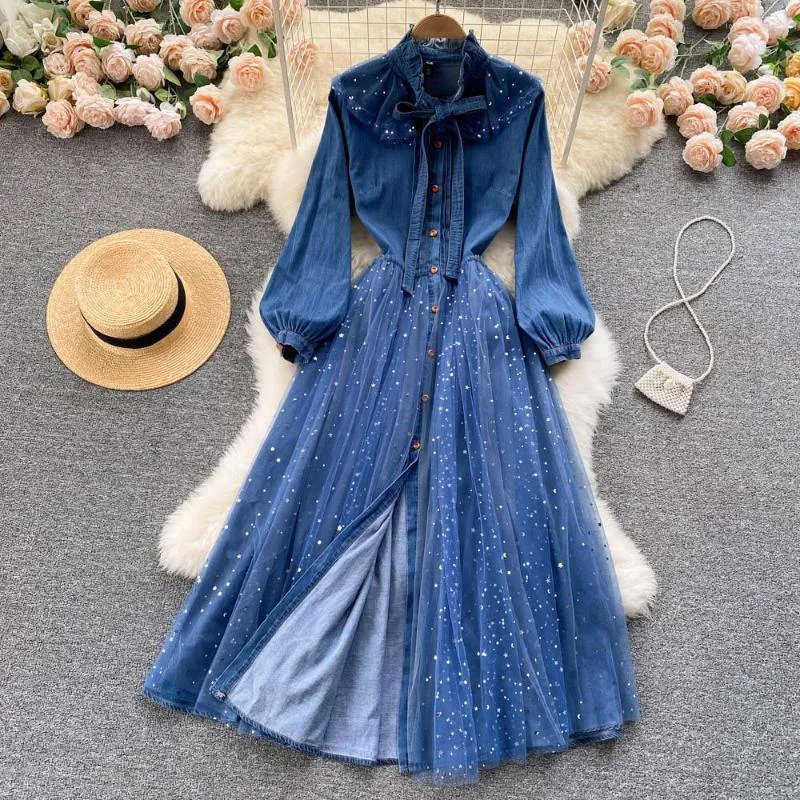 Blue Denim Long Dress with Starry Pattern and Flared Skirt