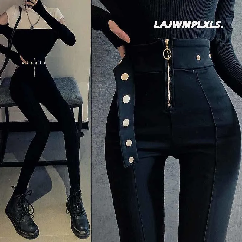 Jeans 2022 Autunno Spring Nuovi leggings neri Black Elastic High Welt Trasting Pants Pants Women's Metal Bottons era sottili pantaloni a matita