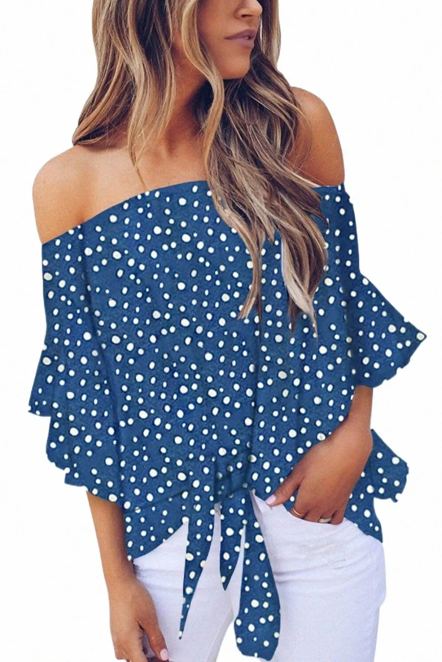 Sky Blue Polka Dot 3/4 Bell Sleeve Off ramion przednie węzeł krawatowy TOP S5IS#