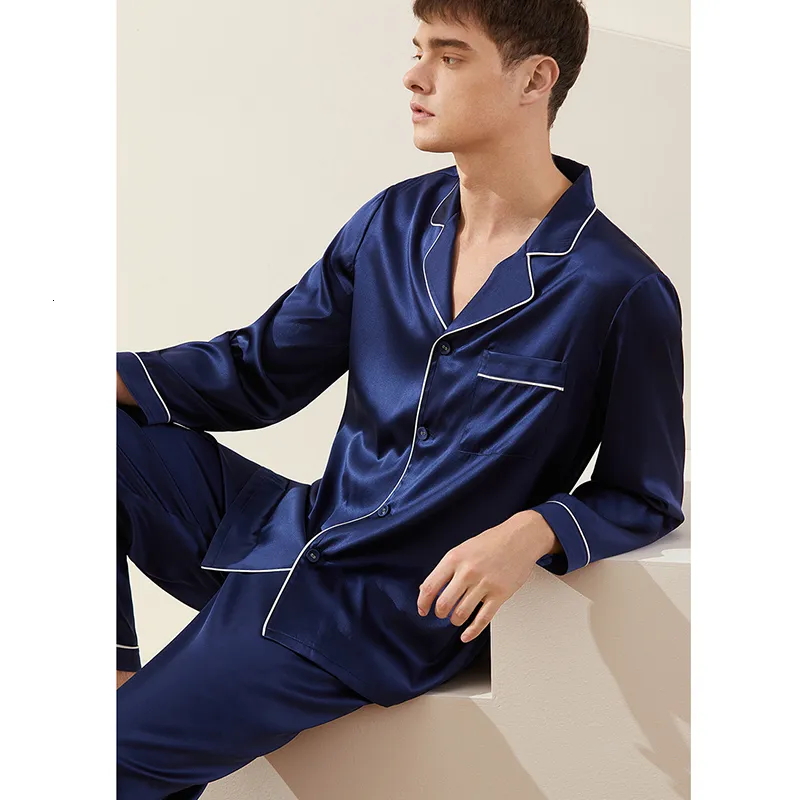 Mäns Sleepwear Men's 100% Real Silk Pyjamas Set For Men Sleepwear Loungewear Long Sleeve Button Down PJ With Pocket Luxury 19 Momme 230518