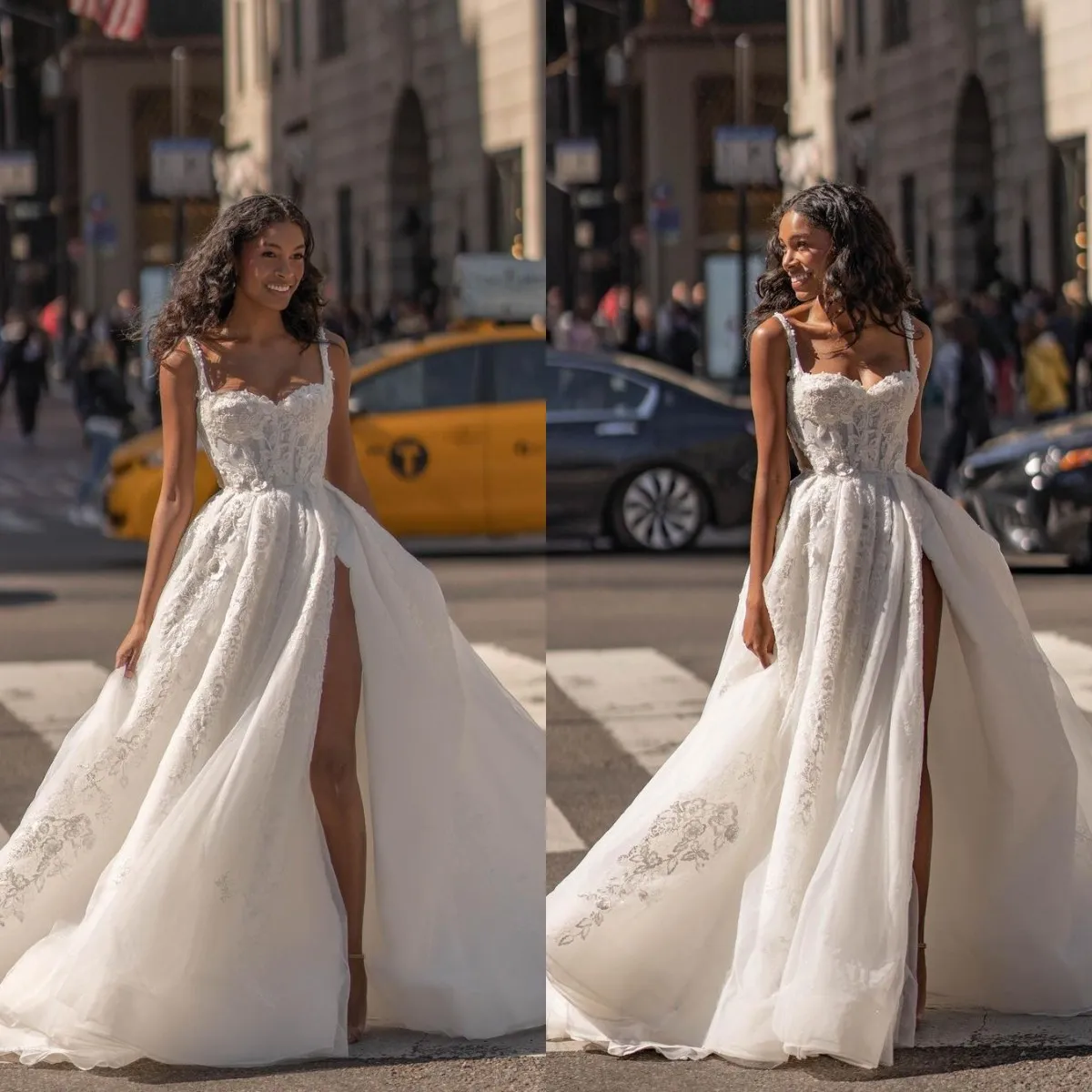 Remmar sexiga en linje slits klänning lår bröllopsklänningar vestidos de novia spets applikationer designer brudklänningar es ppliques signer