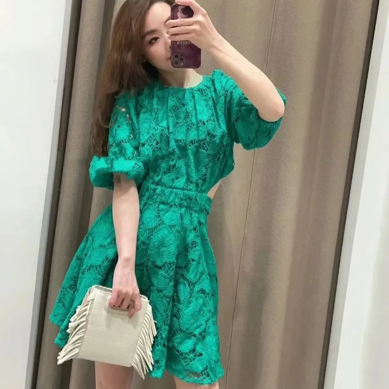 Backless Crochet A-line mini green mini ss for Women - Casual M-aje green mini ss with Hollowed-out Backless Crochet A-line mini green mini ss for Women - Casual M-aje green mini ss with Hollowed-out