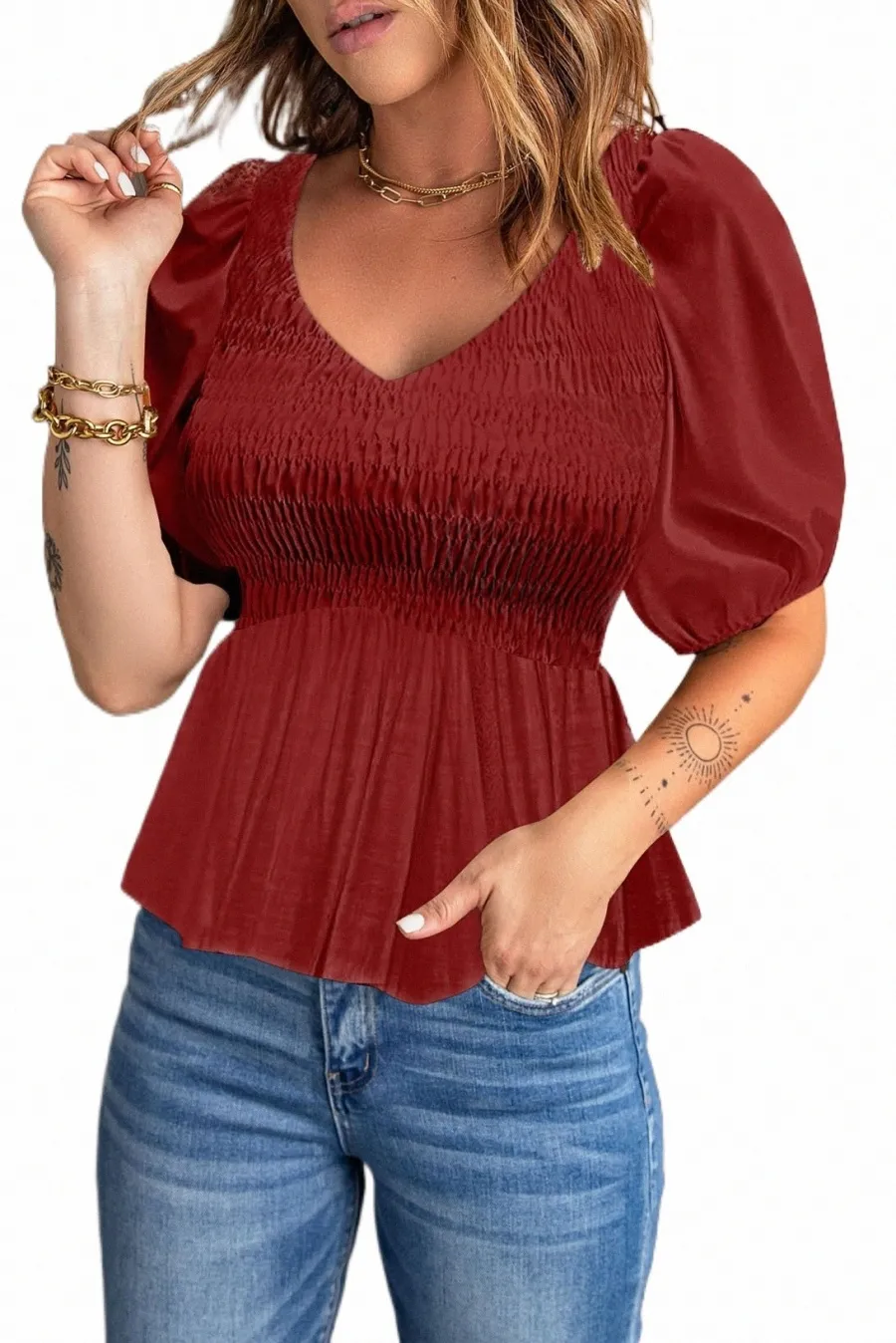 red Puff Sleeve Smocked Top 2023 Hot New 2023 Hot New Q7R2#