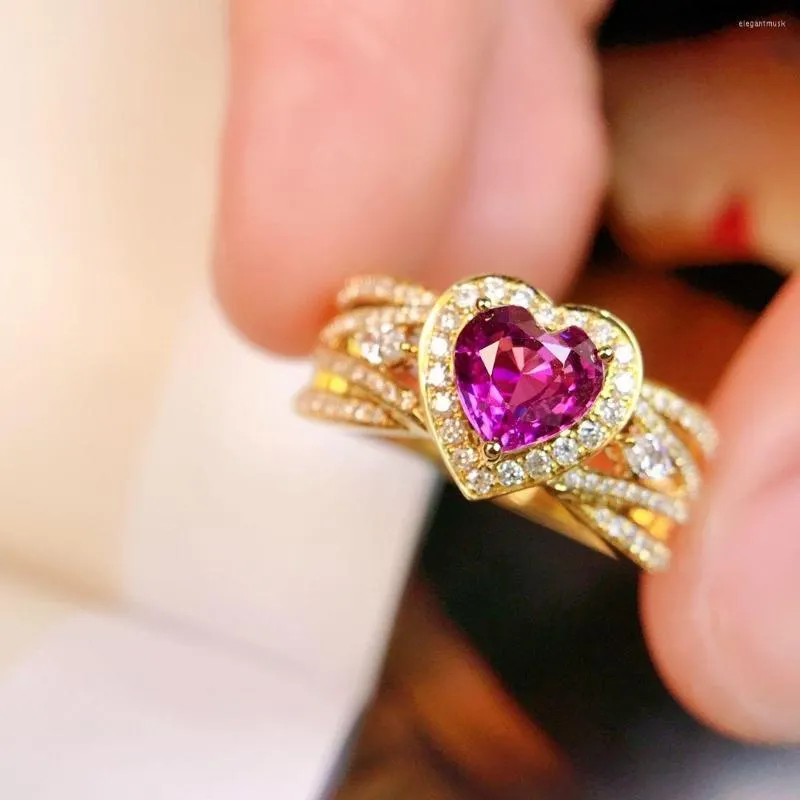 Klusterringar jy solid 18k gult guld natur hjärta form rosa safir 0,95ct ädelstenar diamanter för kvinnor fina smyckepresenter