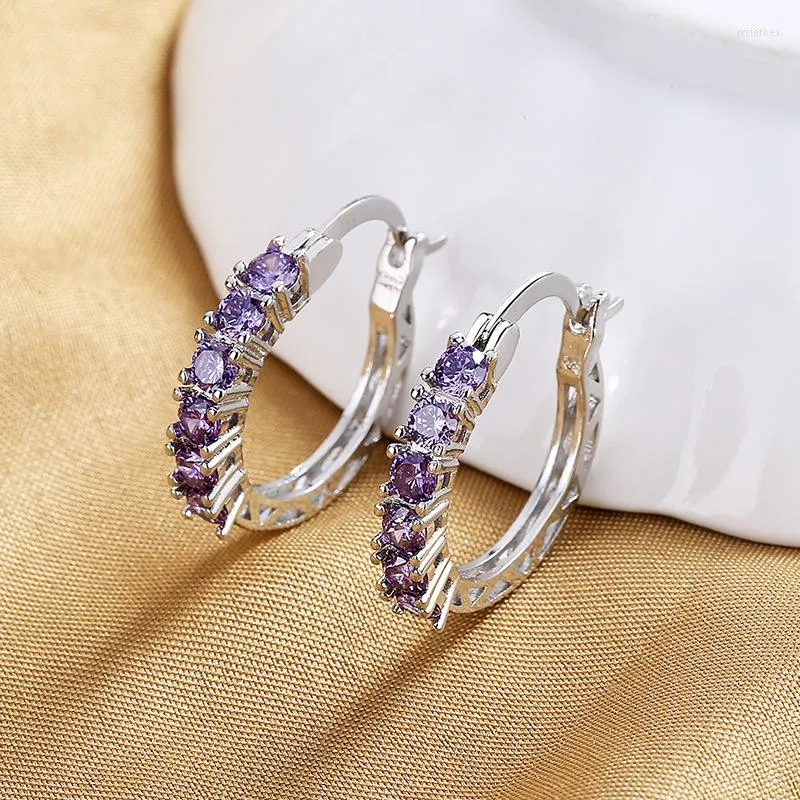 Boucles d'oreilles créoles femmes élégant violet Zircon boucle d'oreille évider cercle oreille Clip à la mode femme cadeau