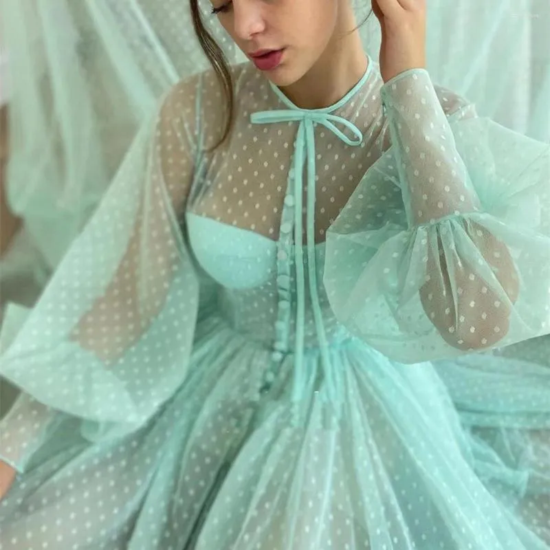 Party Dresses Mint Dotted Tulle Prom O-Neck Long Puff Sleeves Illusion A-Line Homecoming Gowns Buttoned Top -Length Girls