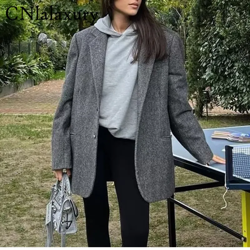 女性のスーツブレザーcnlalaxury womenl grey herringbone twillカジュアルブレザーコート長袖シングルボタンスーツジャケット女性ストレートトップ230518