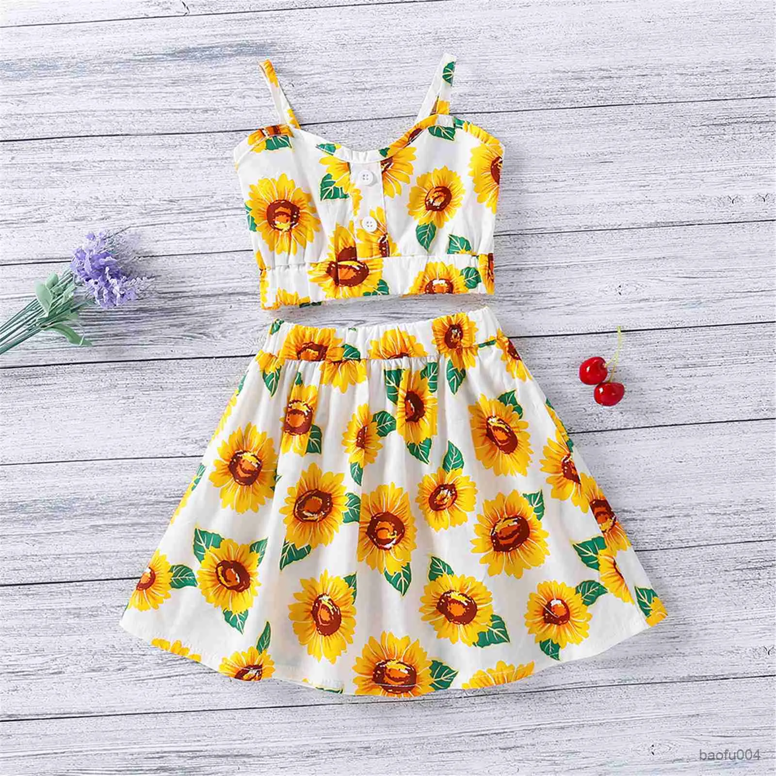 Sunflower Print Sleeveless Two Piece Skirt Set Outfit For Girls