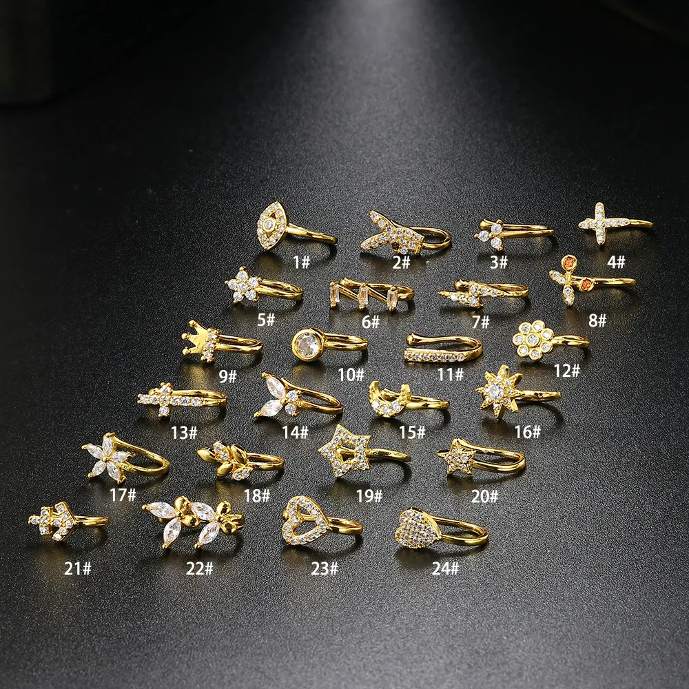 All match Copper Inlaid Zircon U Shaped Nose Clip Ear Bone Clip Non Perforated Anti Pain Puncture Nose Ring Jewelry Wholesale