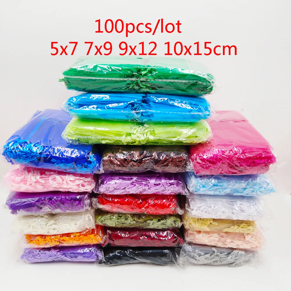 Jewelry Stand 100pcs Organza Bag 5x7 7x9 9x12 10x15cm Packaging s Wedding Party Gift Pouch Birthday Christmas s 230517