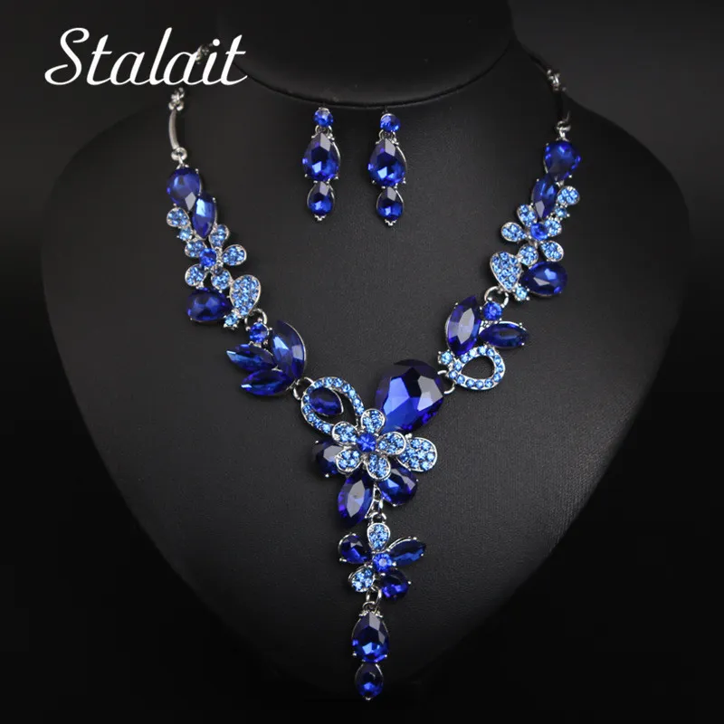 Wedding Jewelry Sets Luxury Big Blue Water Drop Flower Crystal Bridal Jewelry Sets Women Statement Gold Color Necklace Earrings Set For Wedding 230518