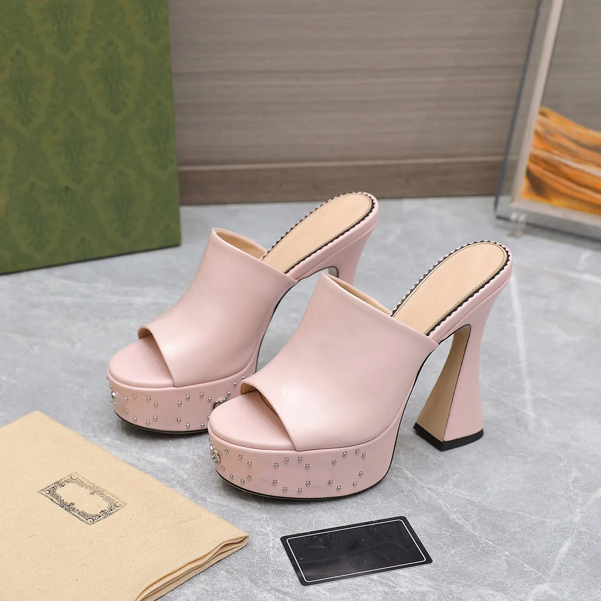 Luxury Leather Platform Slide Sandals Chunky Block Heels Evening Party Shoes