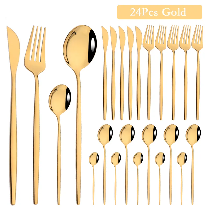 Dinnerware Sets 24Pcs Luxury Mirror Gold Dinnerware Cutlery Set Stainless Steel Tableware Set Home Steak Knife Fork Spoon Flatware Silverware 230518