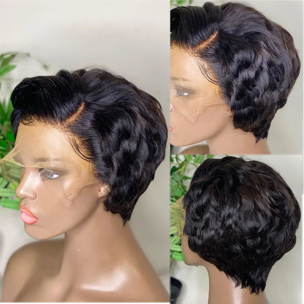 13x4 HD spets framkörning korta bob peruker vågiga lockiga mänskliga hår peruker för kvinnor som plockas med babyhår svart /brun markera lyslösa peruk