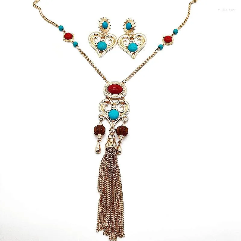 Pendientes colgantes corazón encantador turquesa colgante aleación moda borla cadena joyería Bohemia Accesorios