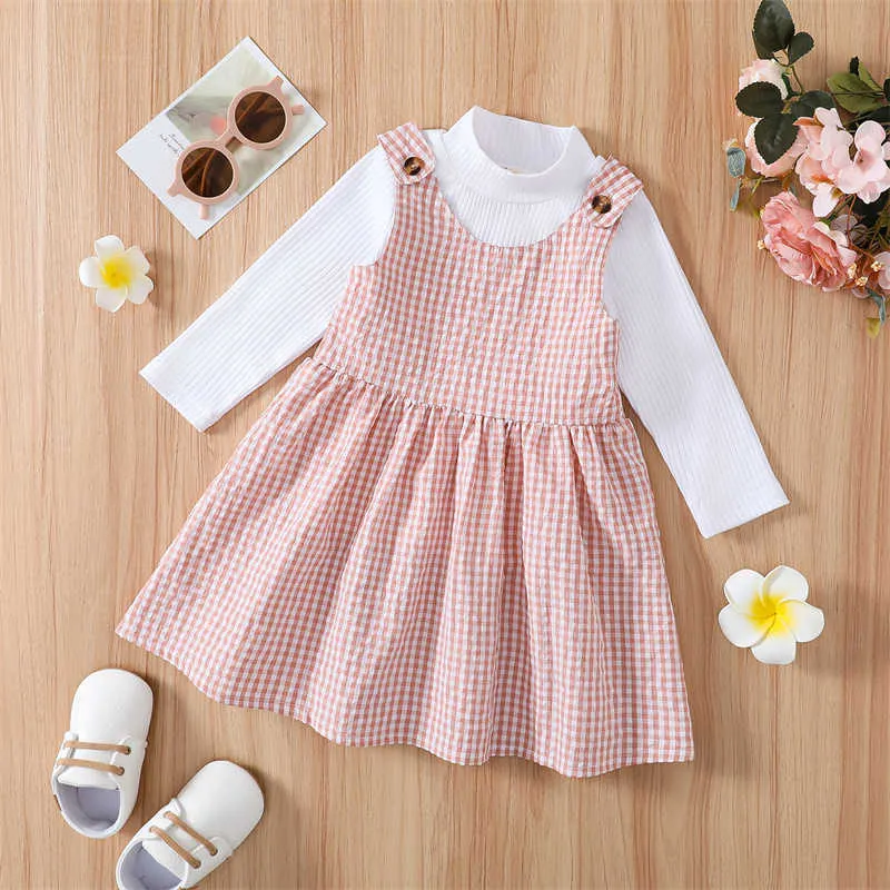 Set di abbigliamento Per bambini Pezzi per bambini Abiti Moda casual Dolcevita Top a maniche lunghe e abito con cinturino scozzese Set Abbigliamento per neonate