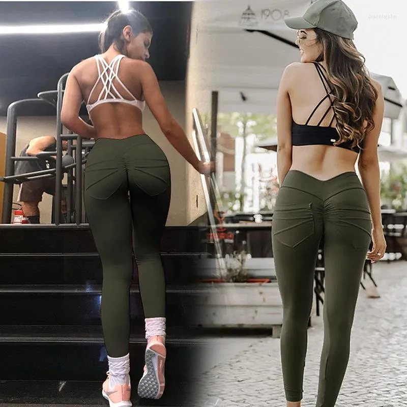 Leggings pour femmes couleur unie pantalon avec poche Fitness hanche levage femmes Sexy Scrunch BuLift sport décontracté course serré Gym Colthing