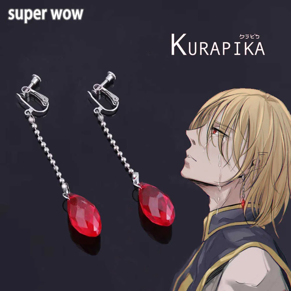 Goujon Rouge Goutte D'eau Chaînes Goujon Kurapika Kurta Cosplay Boucles D'oreilles Anime Hunter x Hunter Clip Boucles D'oreilles pour Femmes Hommes Bijoux Cadeau Z0517