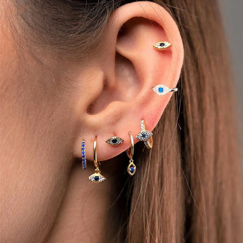 Stud 2PCS High Quality Stainless Steel Ear Evil Eye Hoop Earrings for Women Small Huggie Punk Earings Cartilage Piercing Jewelry New Z0517