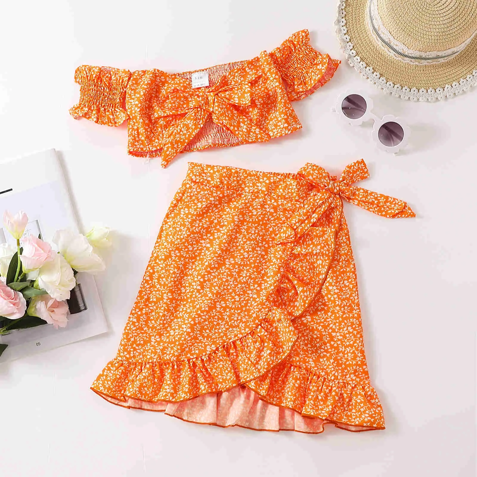 Kleidungssets 4-9Y Sommer süße Kinder Mädchen Kleidung Sets Blumen schulterfrei Top Rüschen Röcke Boutique Kinderkleidung Mode 2tlg