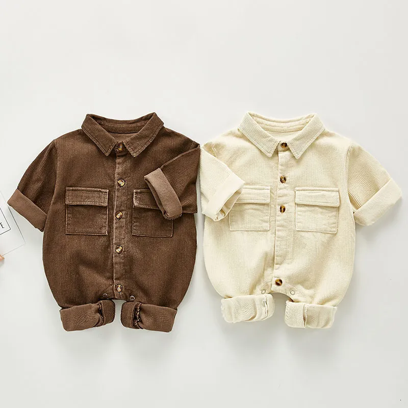 Rompers geboren jongensmeisjes corduroy jumpsuits kleren lente herfst baby jongens meisjes rompers lange mouw kinderen rompers 0-3 jaar 230517